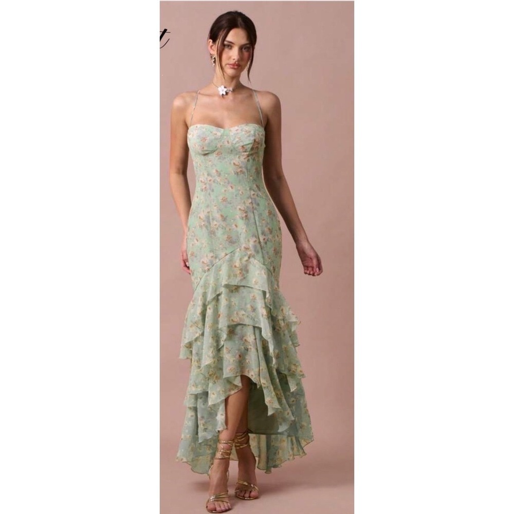 Sage Green Floral Bustier Ruffle Tiered Maxi Dress Wedding Guest Size Xsmall